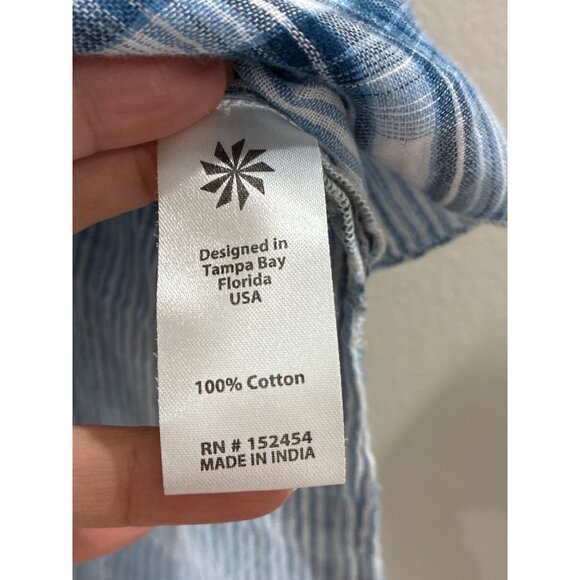 Kyla Seo blue white plaid floral embroidered short sleeve boho tunic shirt large - Picture 5 of 10